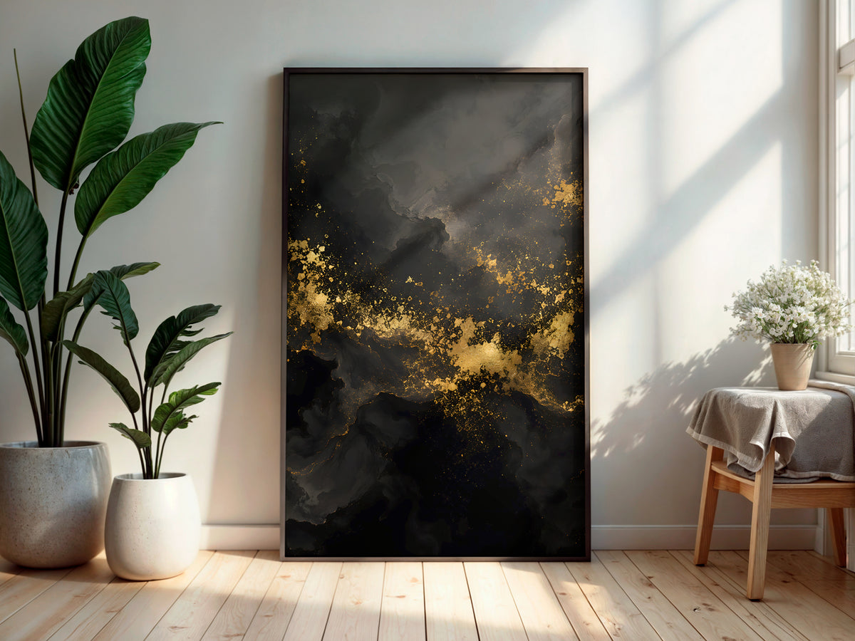 Obsidian Gold Drift printable wall art displayed in a secondary lifestyle interior setting