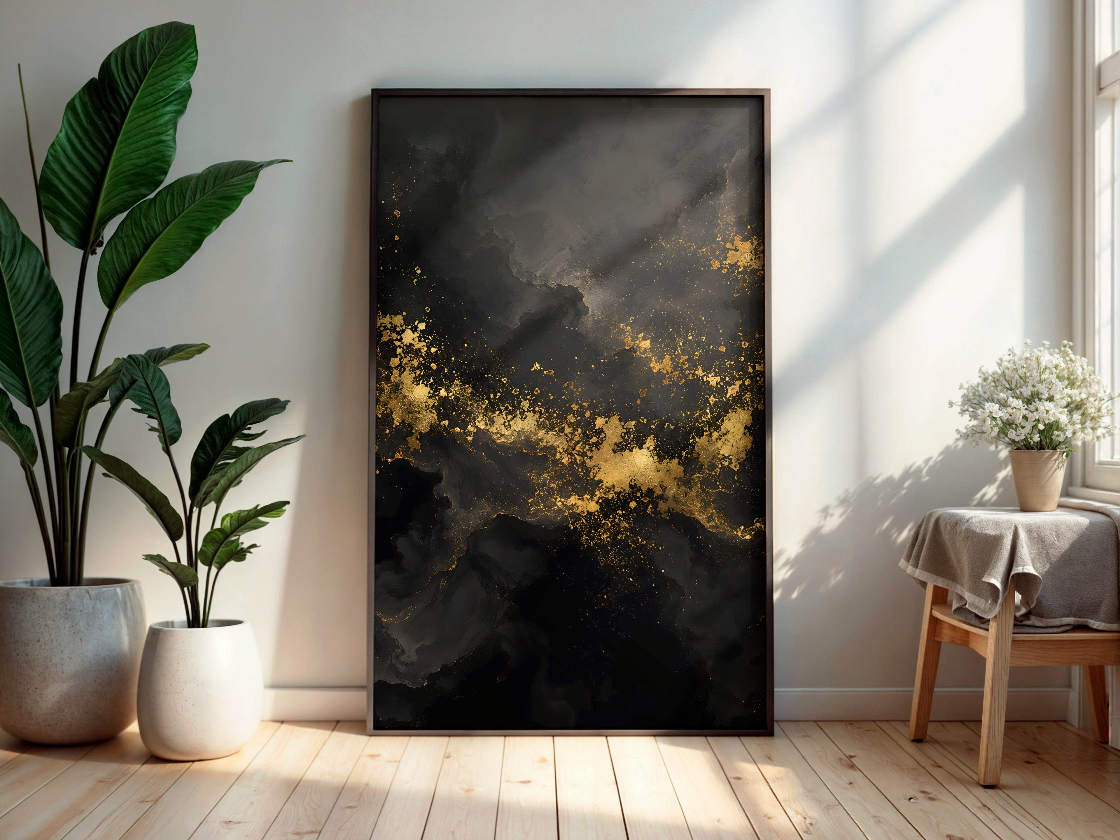 Obsidian Gold Drift printable wall art displayed in a secondary lifestyle interior setting