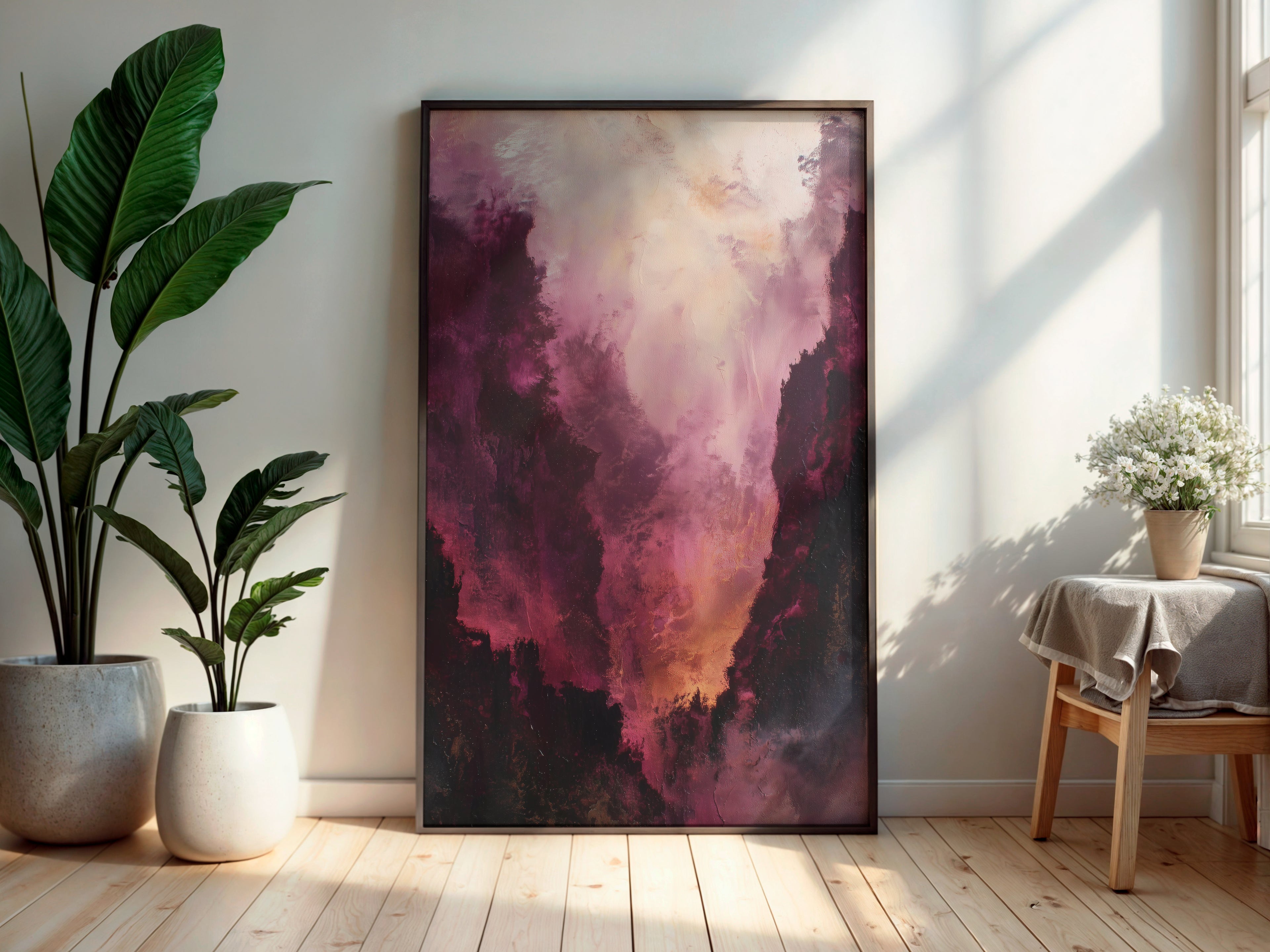 Mauve Ember Haze printable wall art displayed in a secondary lifestyle interior setting