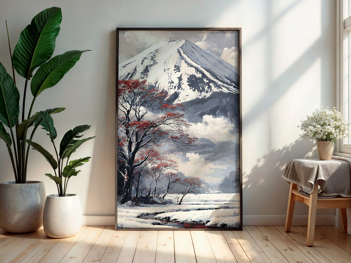 Winter Fuji Veil wall art — final artwork — ash white Fuji peak with bare winter trees and sparse crimson foliage against bright snow plain