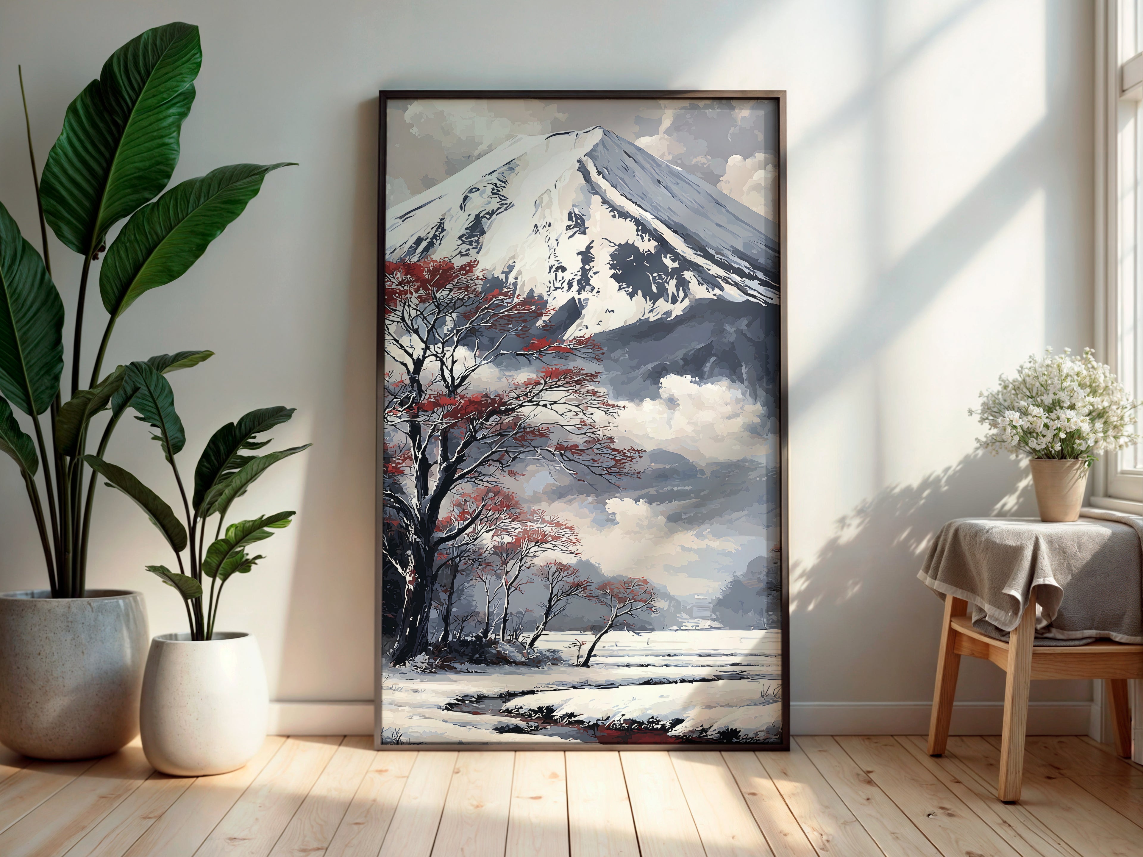 Winter Fuji Veil wall art — final artwork — ash white Fuji peak with bare winter trees and sparse crimson foliage against bright snow plain