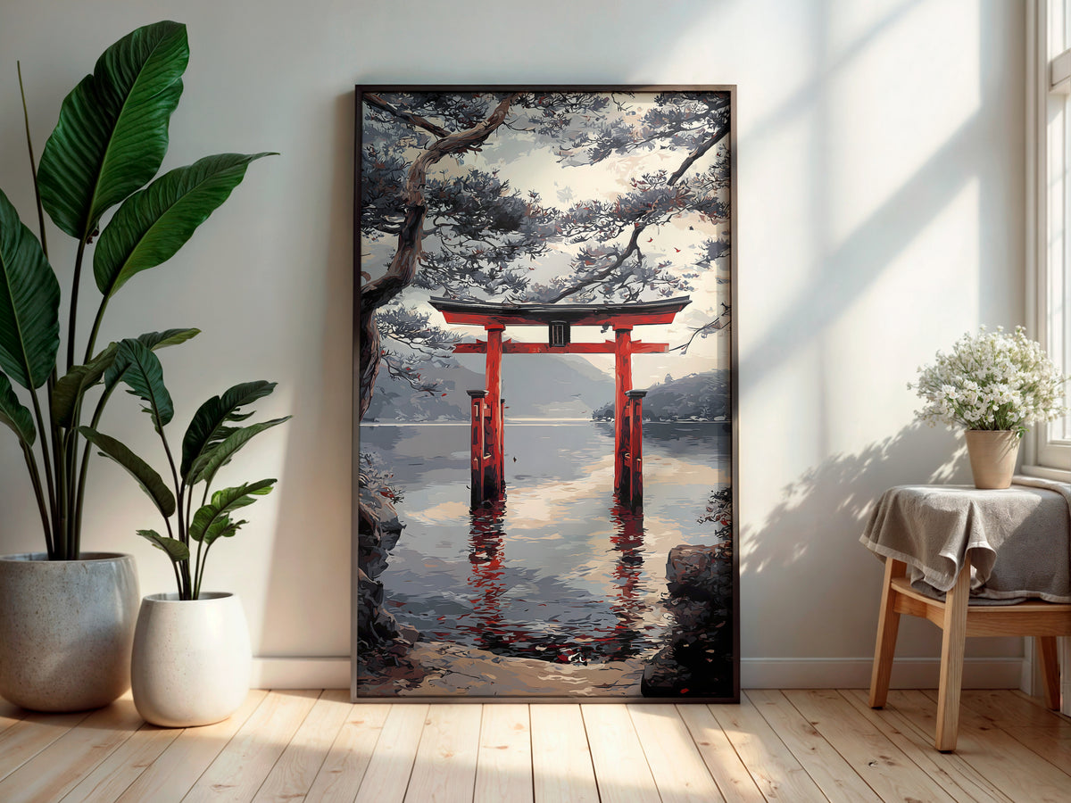 Silent Torii Lake wall art — final artwork — vivid vermillion torii gate with perfect water reflection framed by gnarled branches and cool grey-blue mountains