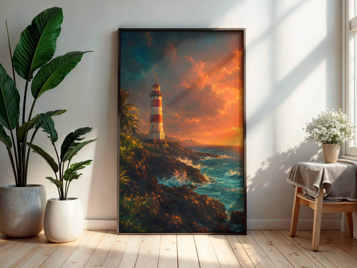 Albion Lighthouse in a secondary interior — printable Mauritius wall art for living rooms and coastal spaces