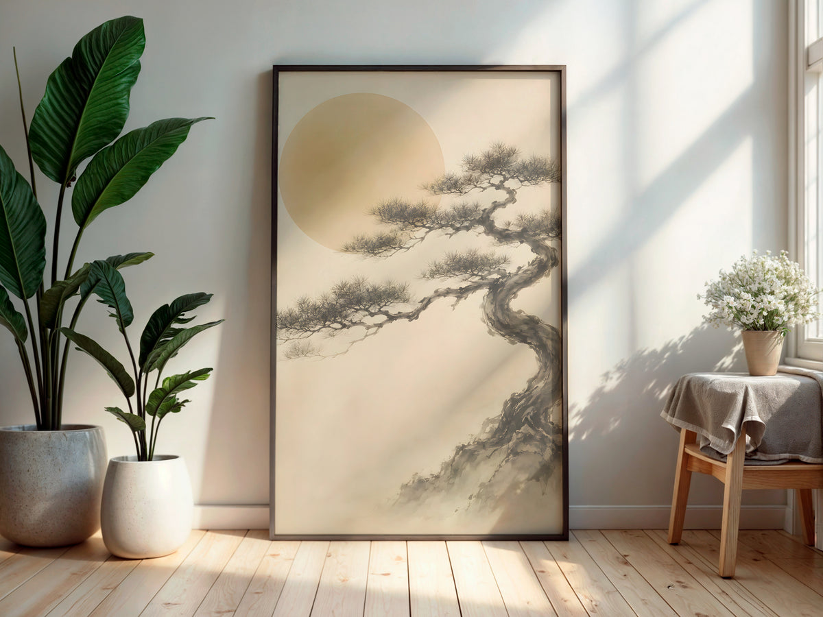 Ivory Black Pine Mist in a secondary interior — printable Japandi wall art for living rooms and bedrooms