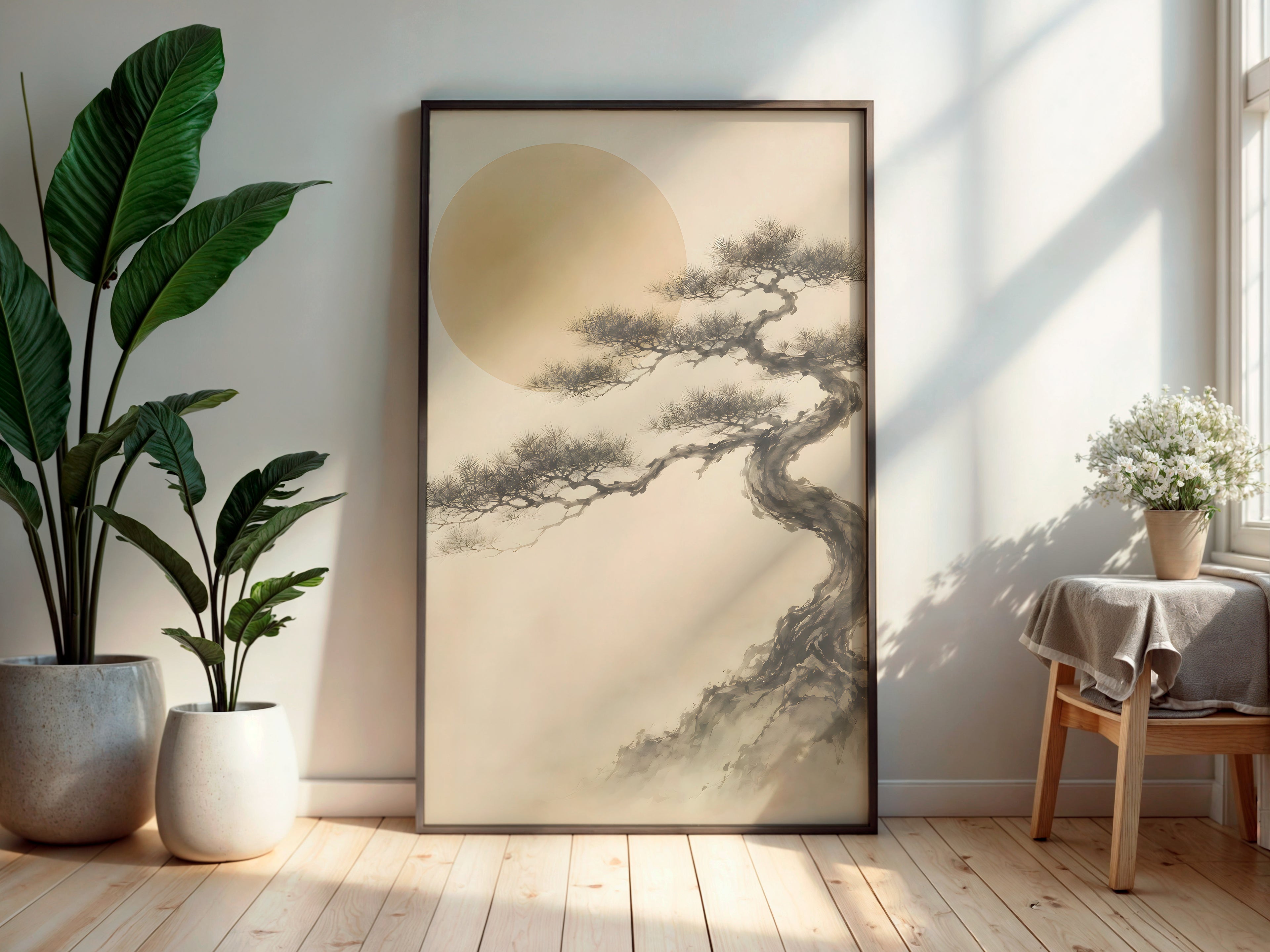Ivory Black Pine Mist in a secondary interior — printable Japandi wall art for living rooms and bedrooms