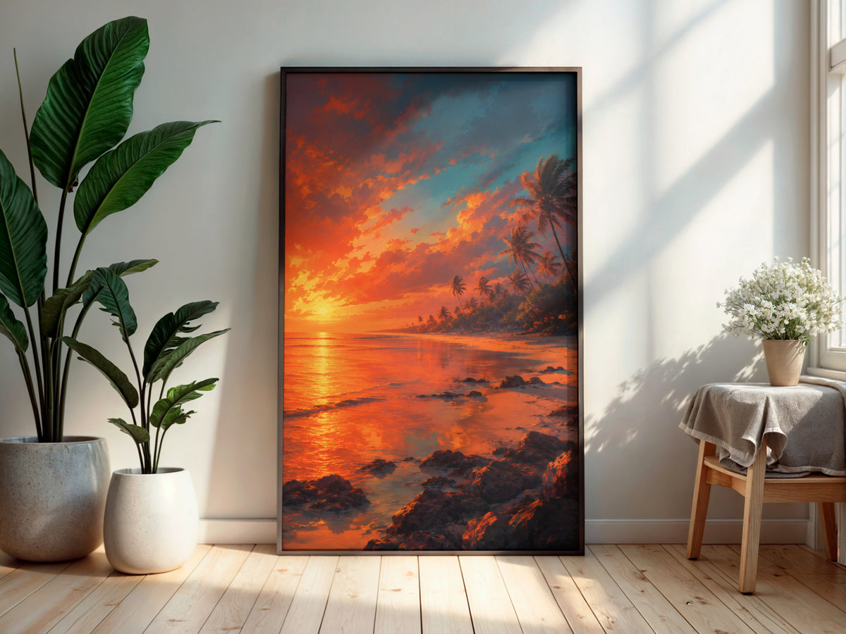 Flic en Flac Dusk Fire in a secondary interior — printable Mauritius wall art for living rooms and coastal spaces