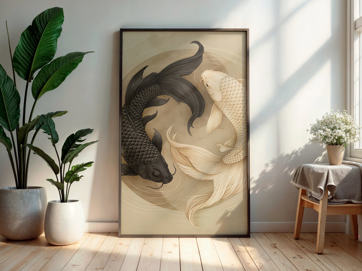Ivory Koi Balance in a secondary interior — printable Japandi wall art for living rooms and bedrooms