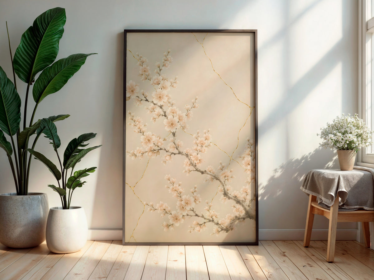 Ivory Kintsugi Bloom in a secondary interior — printable Japandi wall art for living rooms and bedrooms