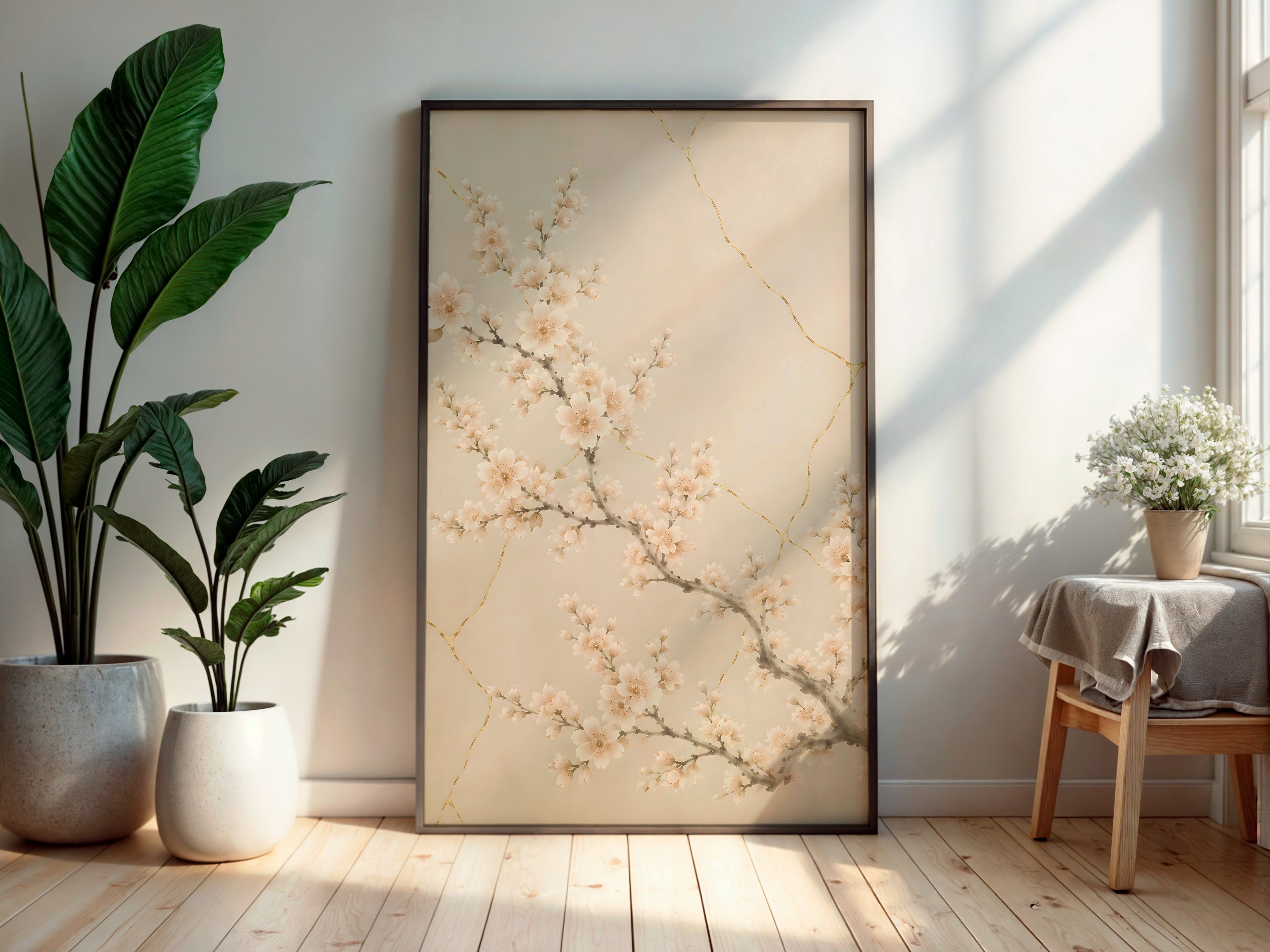 Ivory Kintsugi Bloom in a secondary interior — printable Japandi wall art for living rooms and bedrooms
