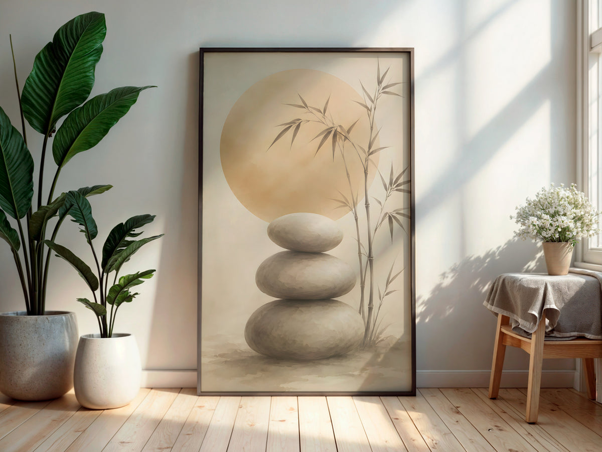 Ivory Stone Balance in a secondary interior — printable Japandi wall art for meditation spaces and bedrooms