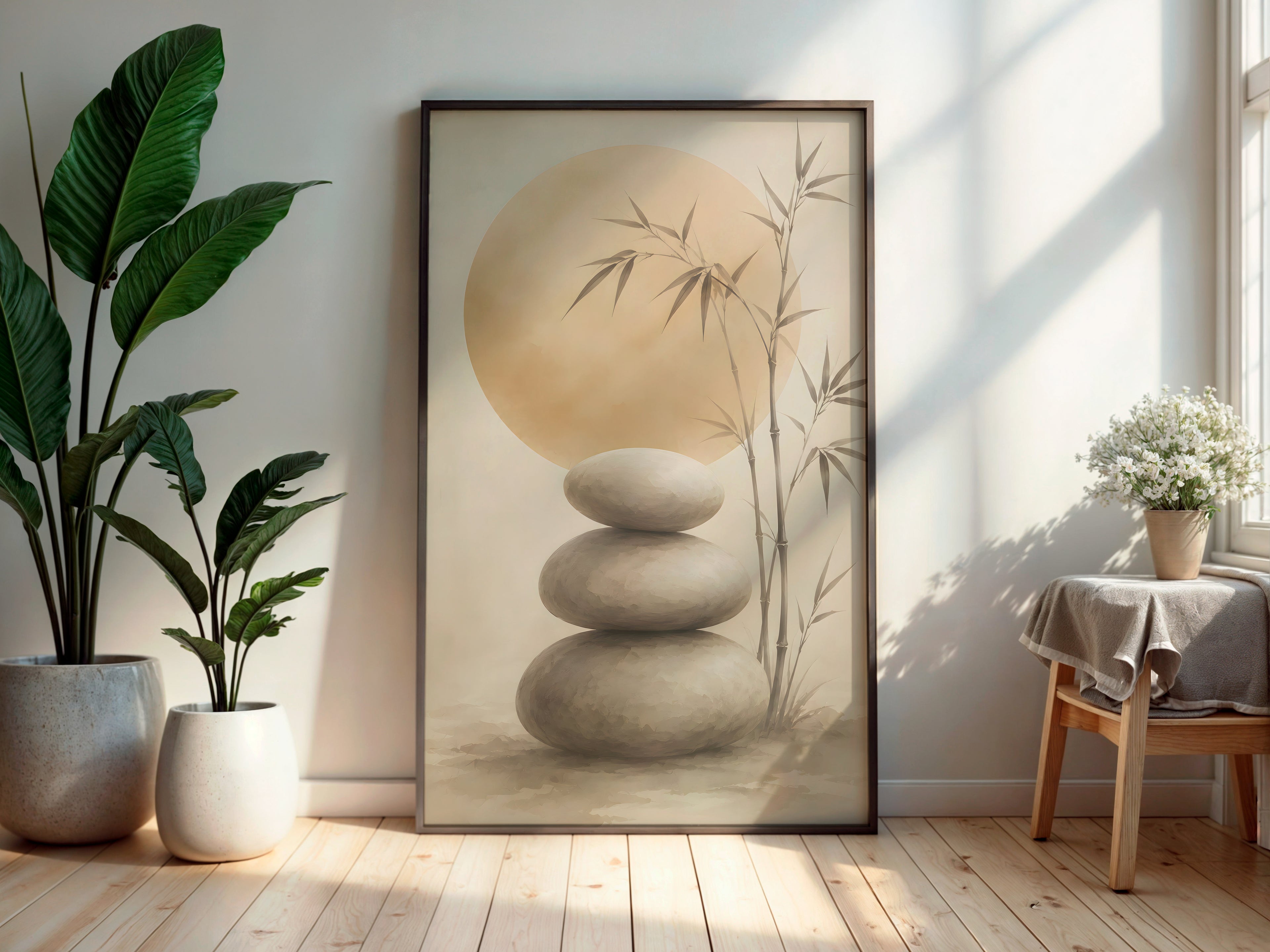 Ivory Stone Balance in a secondary interior — printable Japandi wall art for meditation spaces and bedrooms