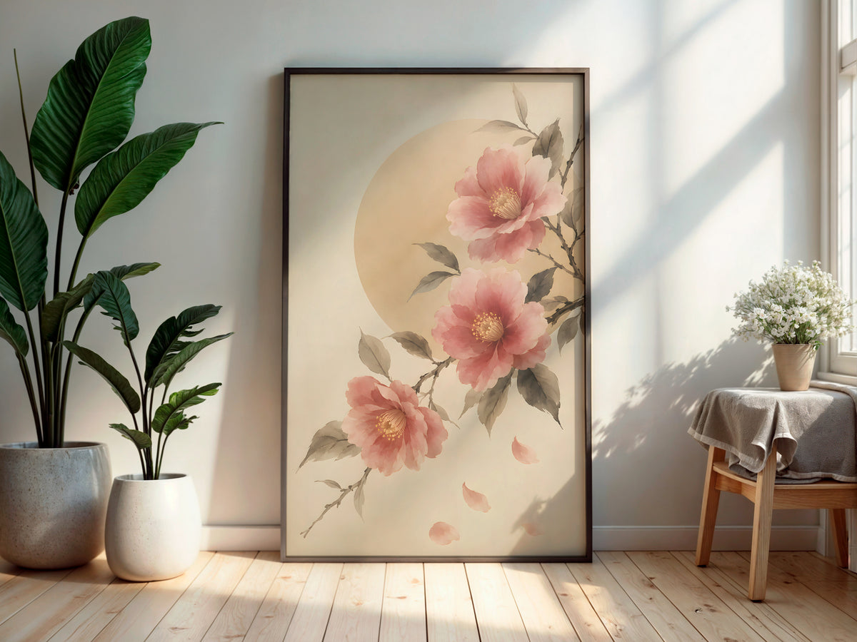 Ivory Camellia Bloom in a secondary interior — printable Japandi wall art for bedrooms and living rooms