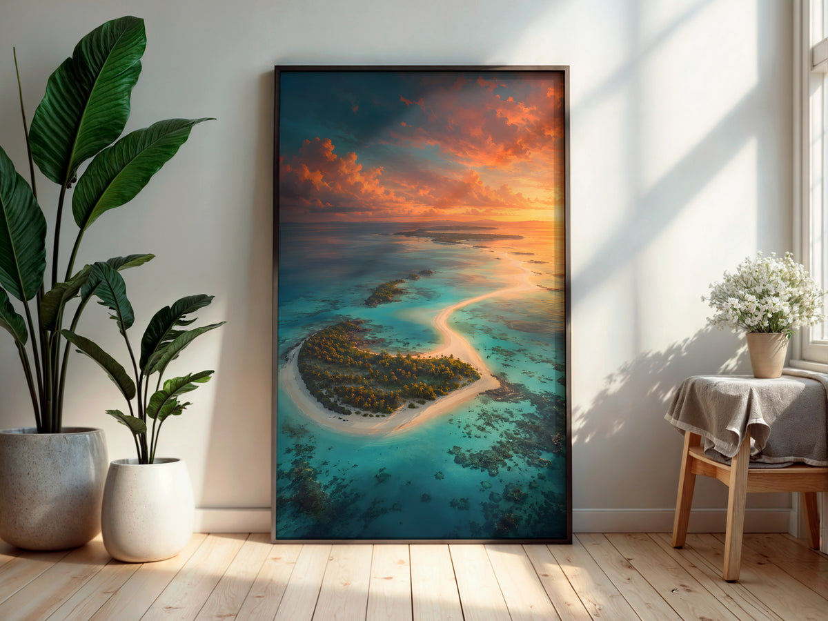 Île aux Cerfs in a secondary interior — printable Mauritius wall art for living rooms and coastal spaces