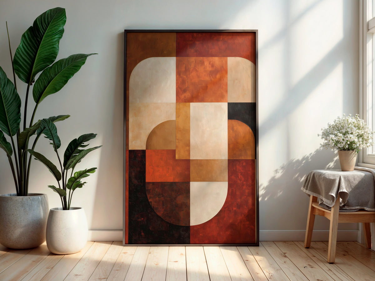 Terracotta Construct Bauhaus geometric wall art print displayed in a premium styled interior
