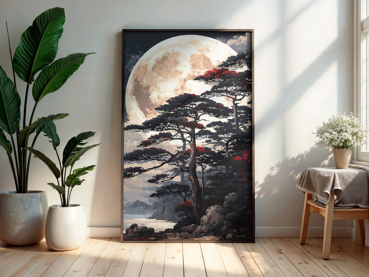 Moon Over Pines wall art — final artwork — pale ivory moon with deep charcoal pine canopy and scattered crimson foliage against dark indigo sky