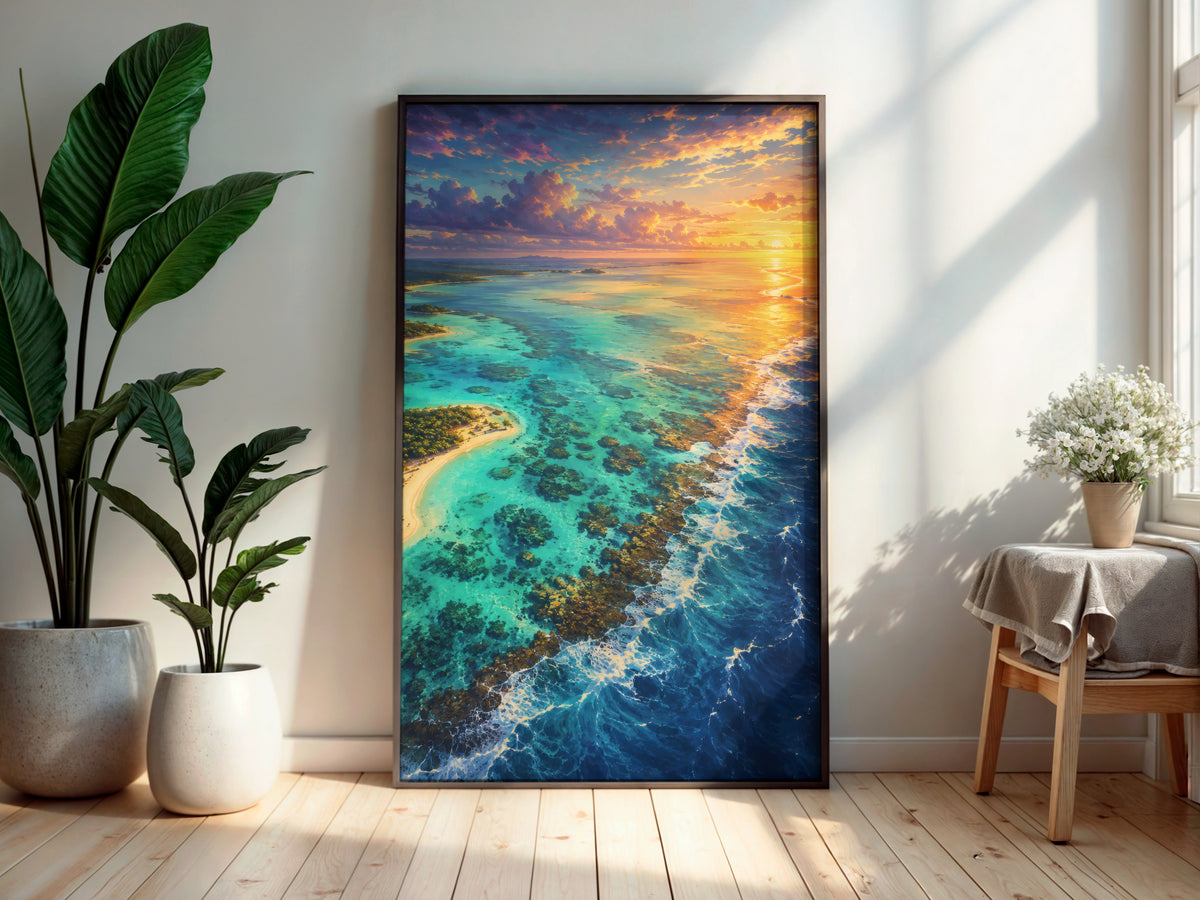 Blue Bay Reef Dawn printable wall art displayed in a secondary lifestyle interior setting