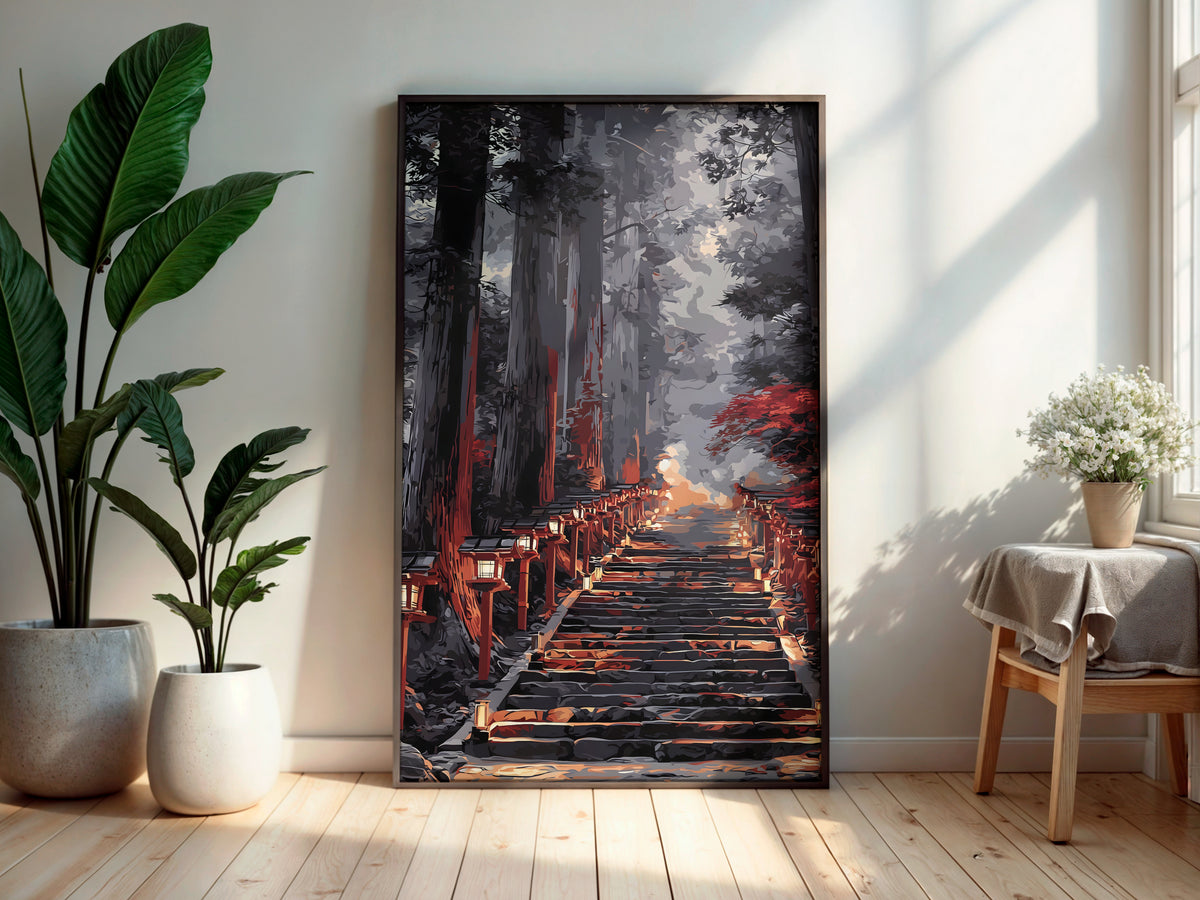 Indigo Lantern Pass wall art — final artwork — deep charcoal cedar forest with warm amber lantern glow and crimson maple