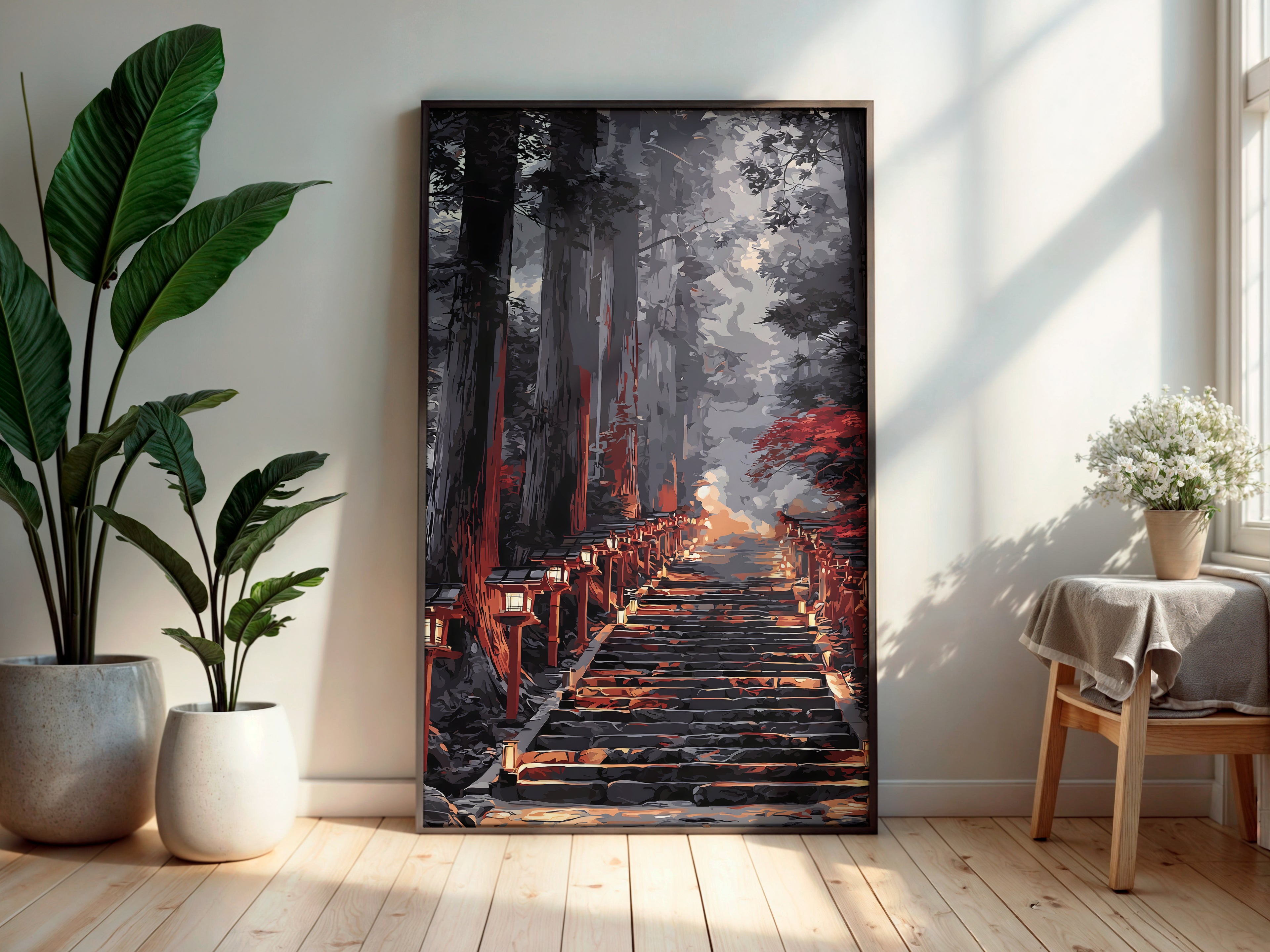 Indigo Lantern Pass wall art — final artwork — deep charcoal cedar forest with warm amber lantern glow and crimson maple