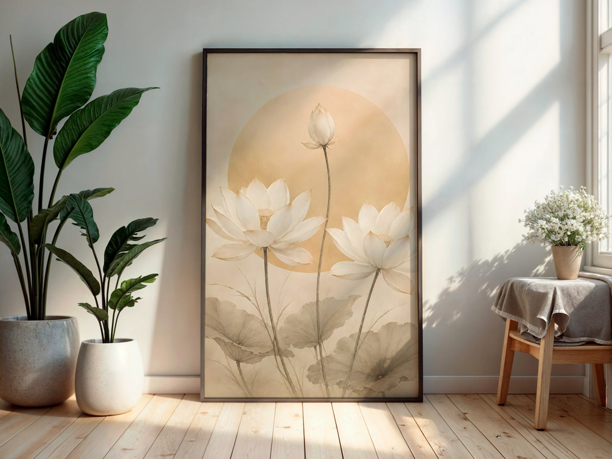 Ivory Lotus Sun in a secondary interior — printable Japandi wall art for bedrooms and living rooms