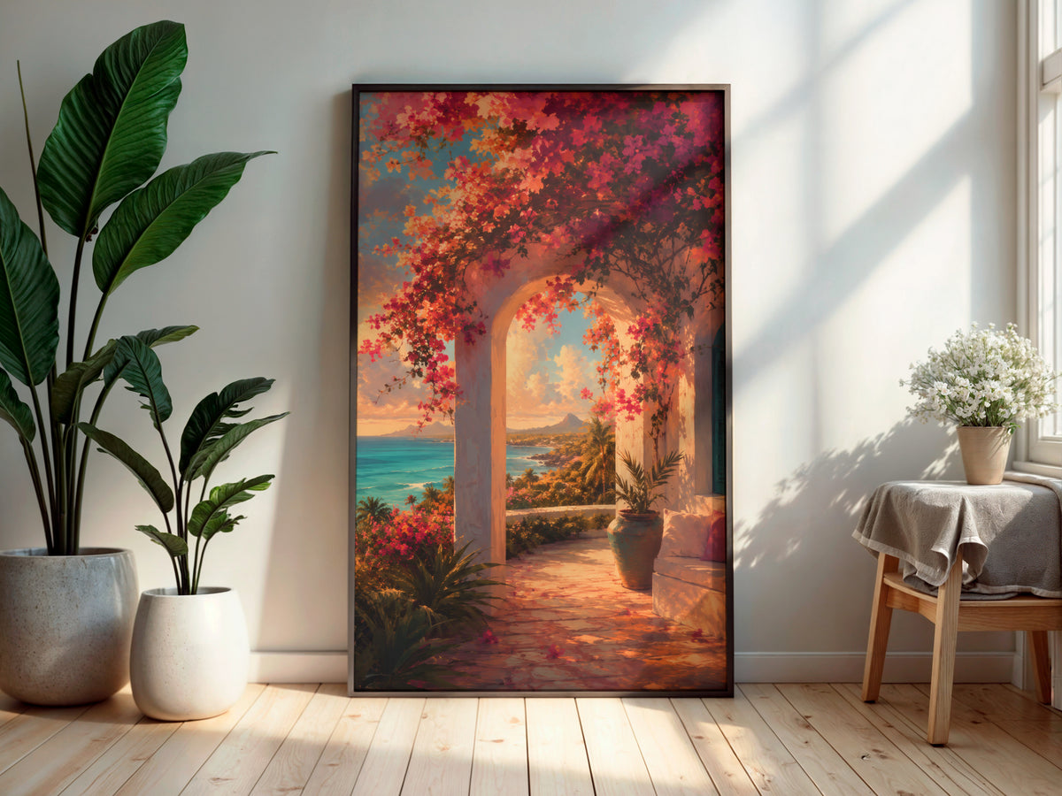 Bougainvillea Veranda Light in a secondary interior — printable Mauritius wall art for living rooms and tropical spaces