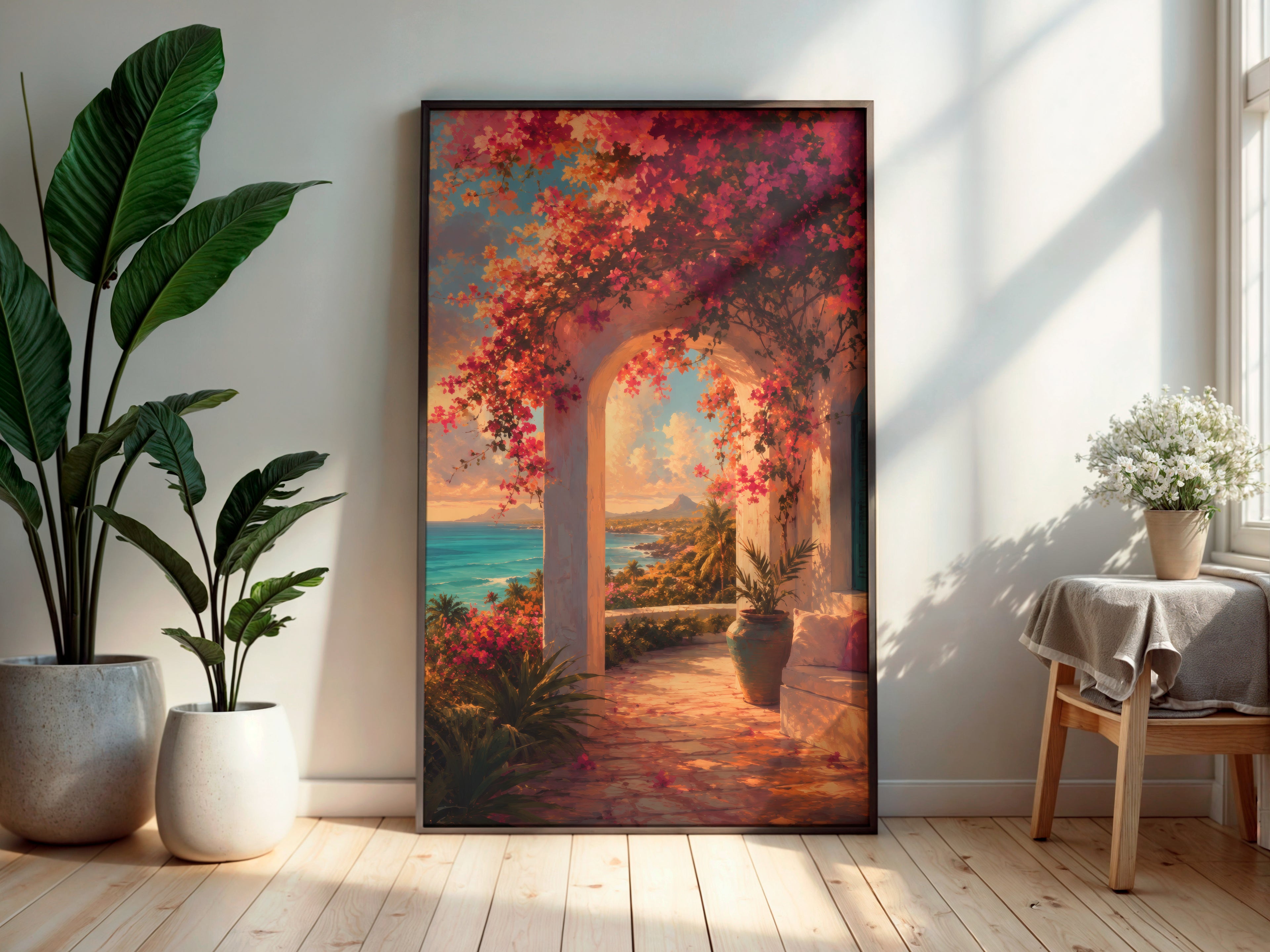 Bougainvillea Veranda Light in a secondary interior — printable Mauritius wall art for living rooms and tropical spaces