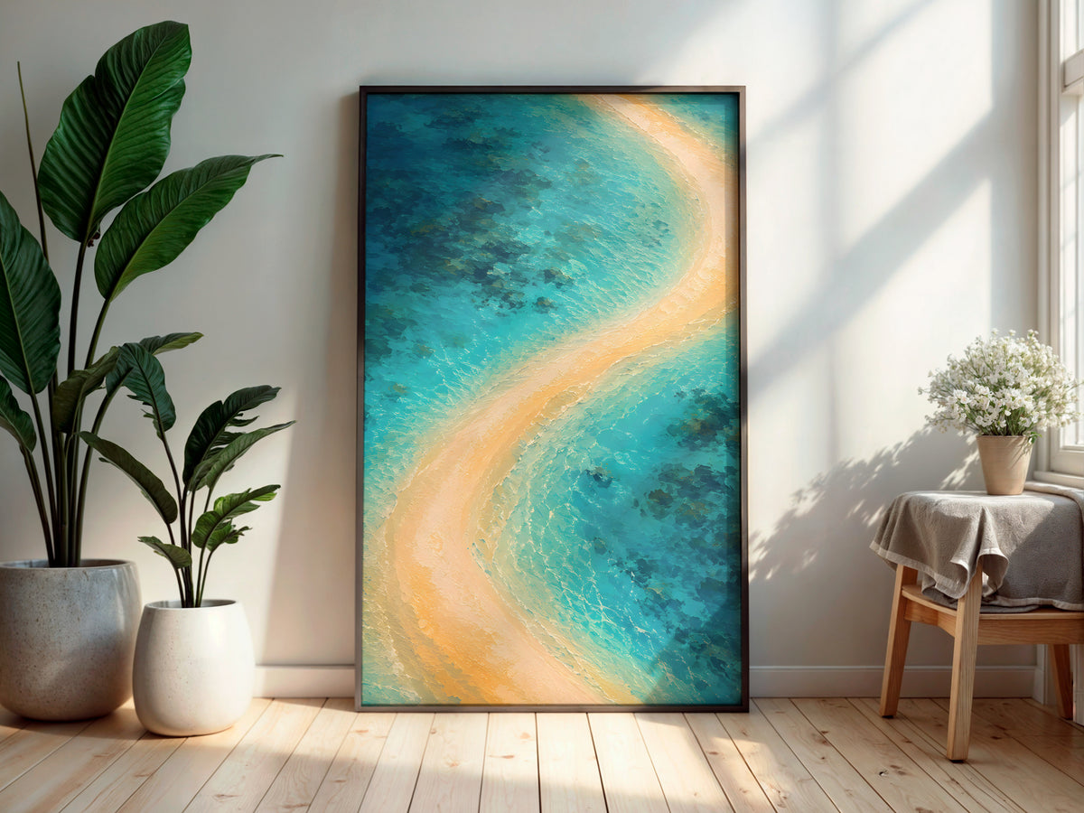 Pearl Lagoon Curve in a secondary interior — printable Mauritius wall art for living rooms and coastal spaces