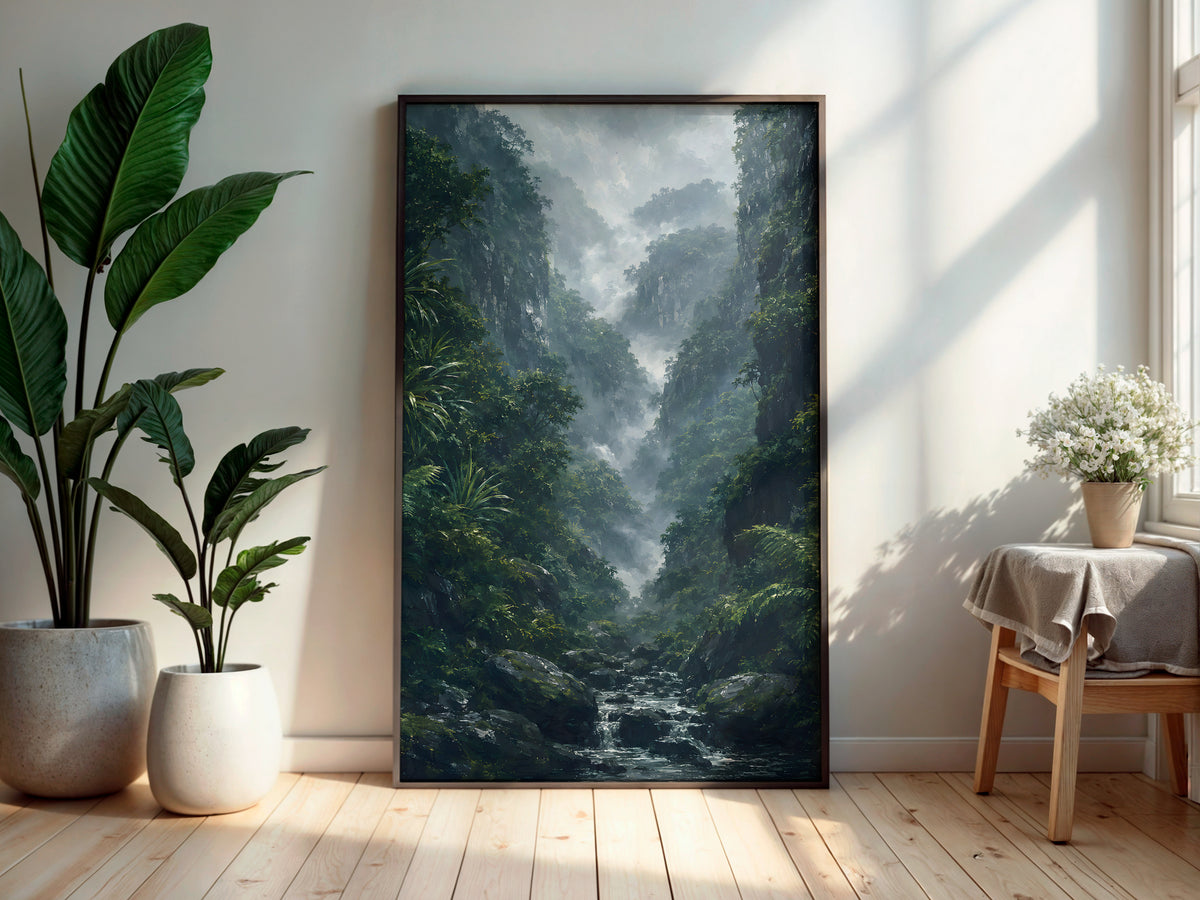 Black River Gorges Mist in a secondary interior — printable Mauritius wall art for living rooms and moody spaces
