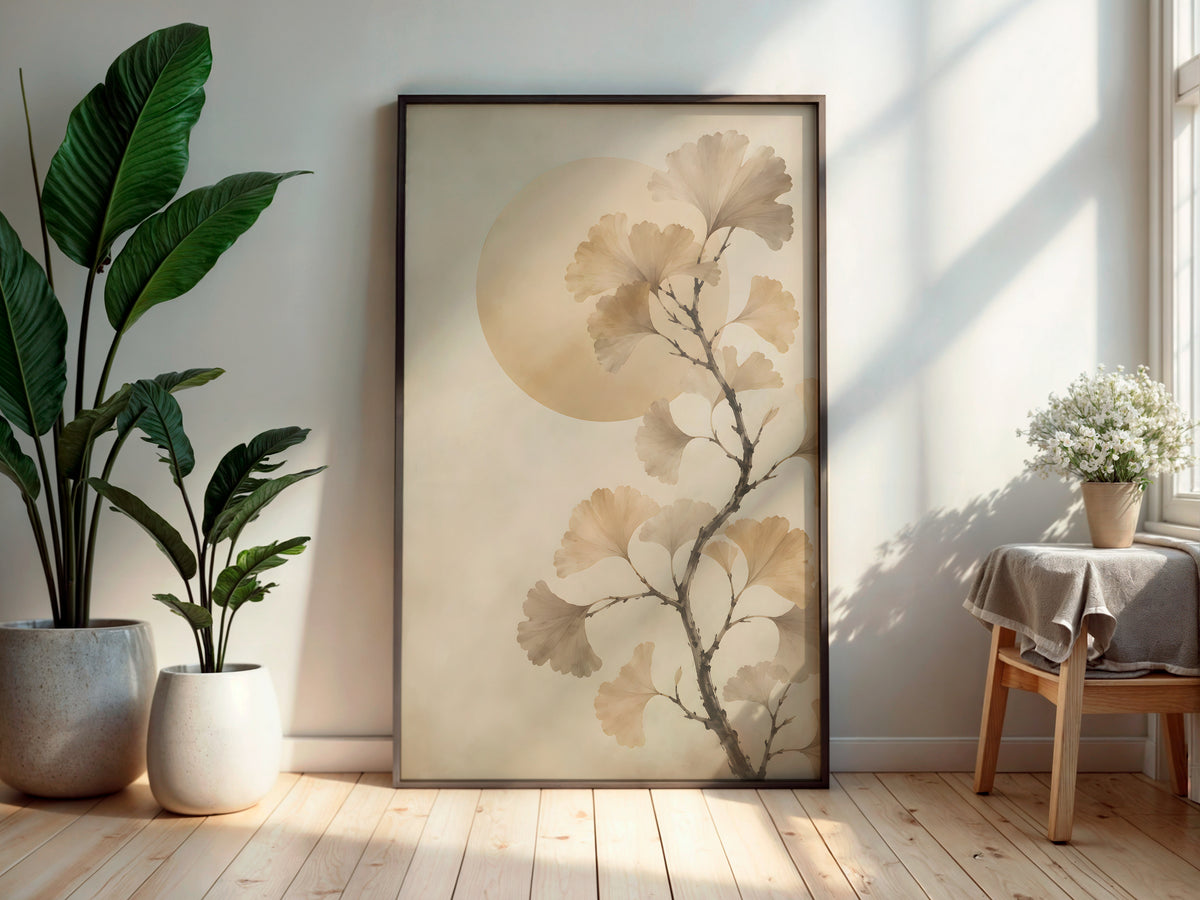 Ivory Ginkgo Sun in a secondary interior — printable Japandi wall art for living rooms and offices