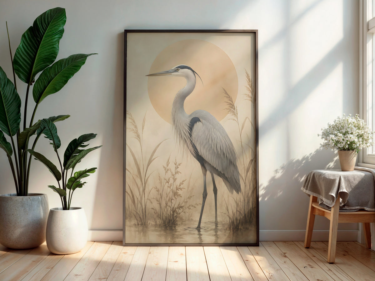 Ivory Heron Marsh in a secondary interior — printable Japandi wall art for bedrooms and living rooms