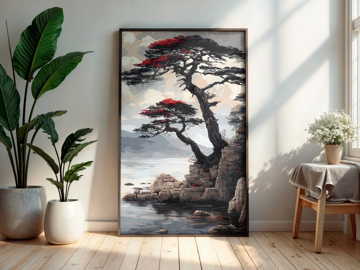 Quiet Pine Shore wall art — final artwork — ancient wind-sculpted pines with gnarled trunks on rocky lakeshore cliff with crimson foliage and still water