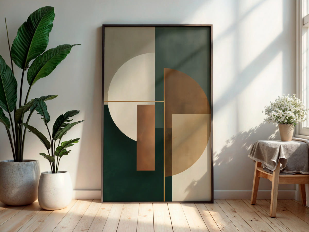 Verdant Form Balance abstract geometric print styled in a secondary interior mockup