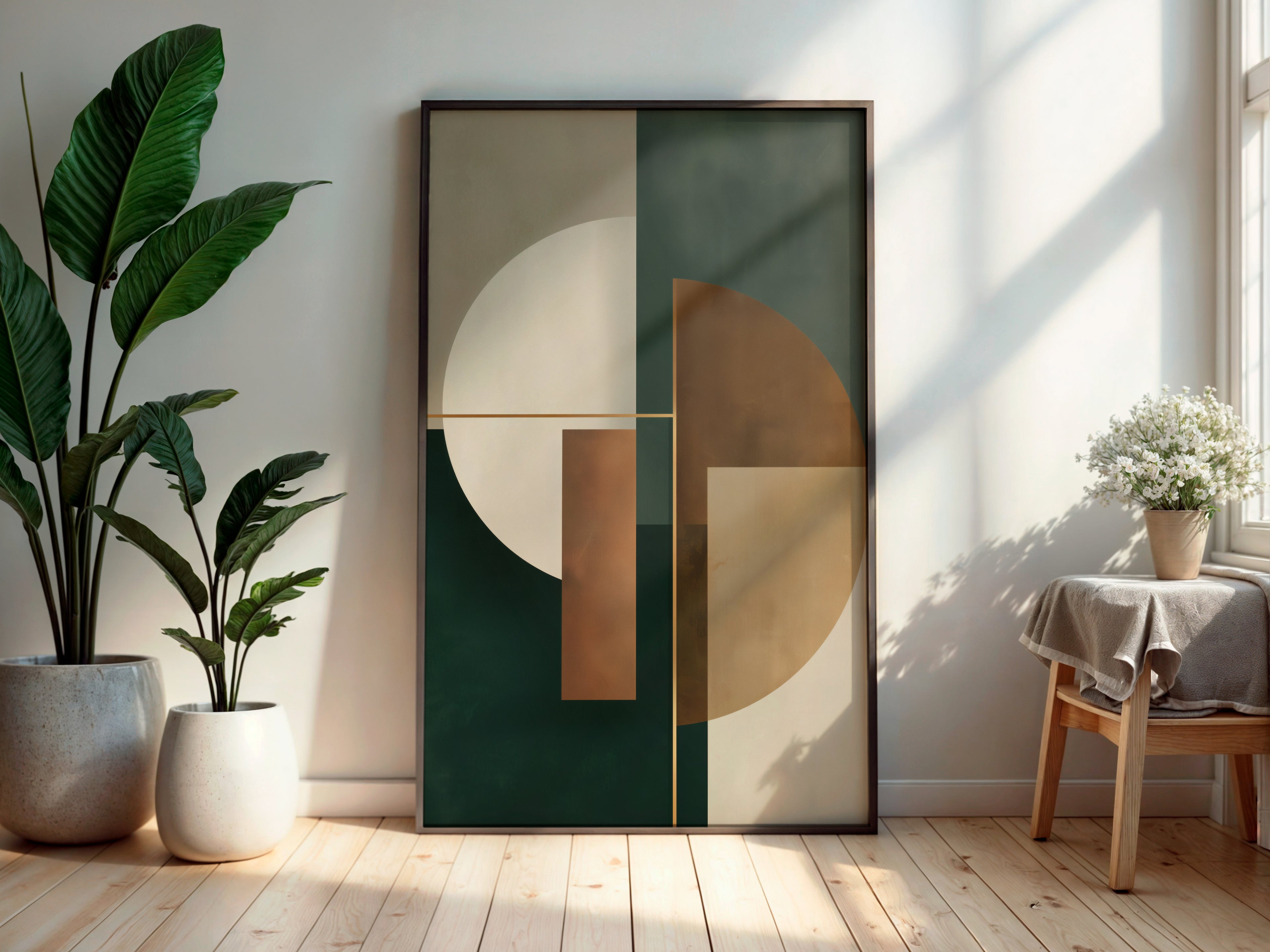 Verdant Form Balance abstract geometric print styled in a secondary interior mockup