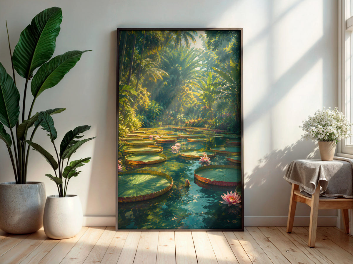 Waterlily Allée in a secondary interior — printable Mauritius wall art for living rooms and botanical spaces