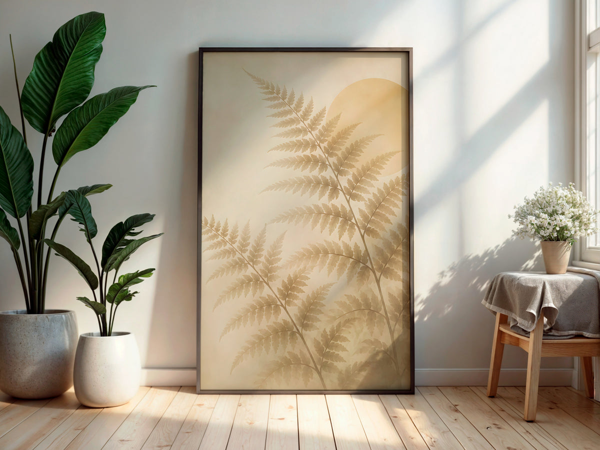 Ivory Fern Frond in a secondary interior — printable Japandi wall art for bedrooms and living rooms