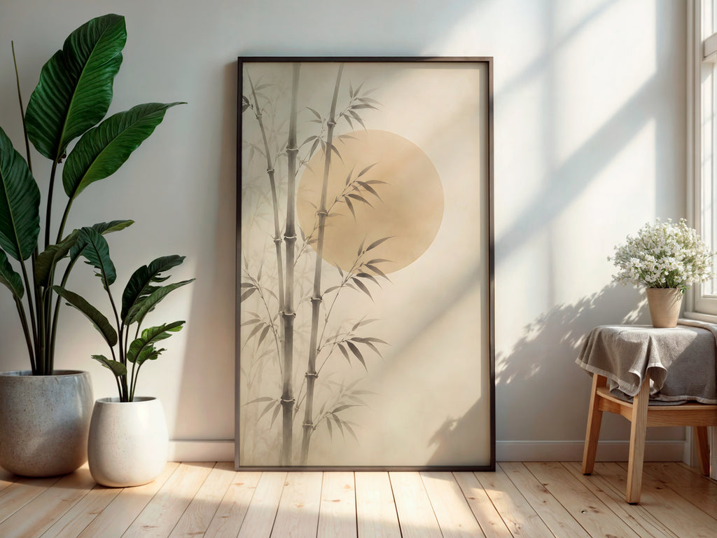 Ivory Bamboo Grove in a secondary interior — printable Japandi wall art for zen spaces and living rooms