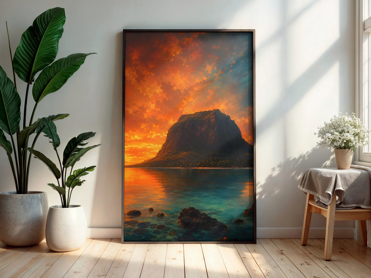 Le Morne Dusk Fire in a secondary interior — printable Mauritius wall art for living rooms and feature walls