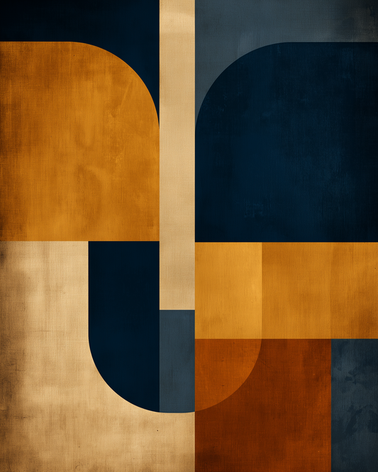 Navy Ochre Grid, a geometric abstract art print of navy and ochre blocks in a balanced grid