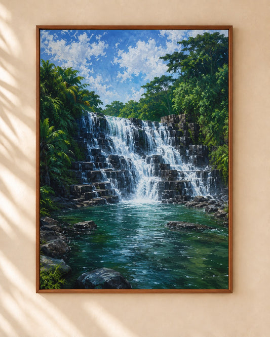 Rochester Falls art print in a walnut frame on a cream plaster wall