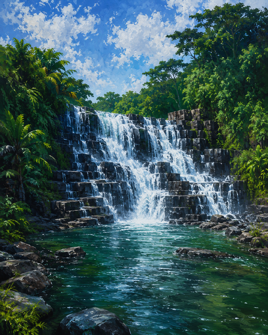 Rochester Falls, a Mauritius waterfall art print of the falls in dense tropical forest